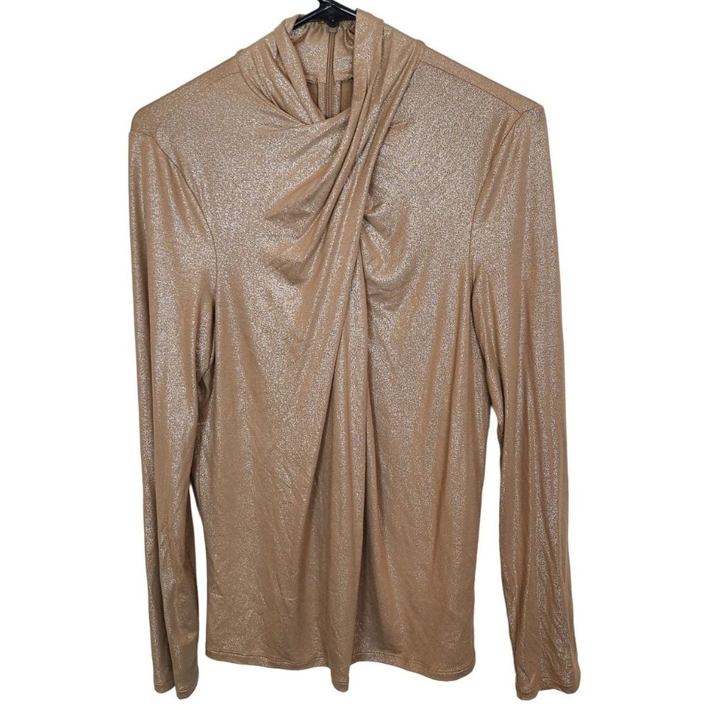 Lauren Ralph Lauren Womens L Brown Metallic Shimmer Twist Neck Blouse Top